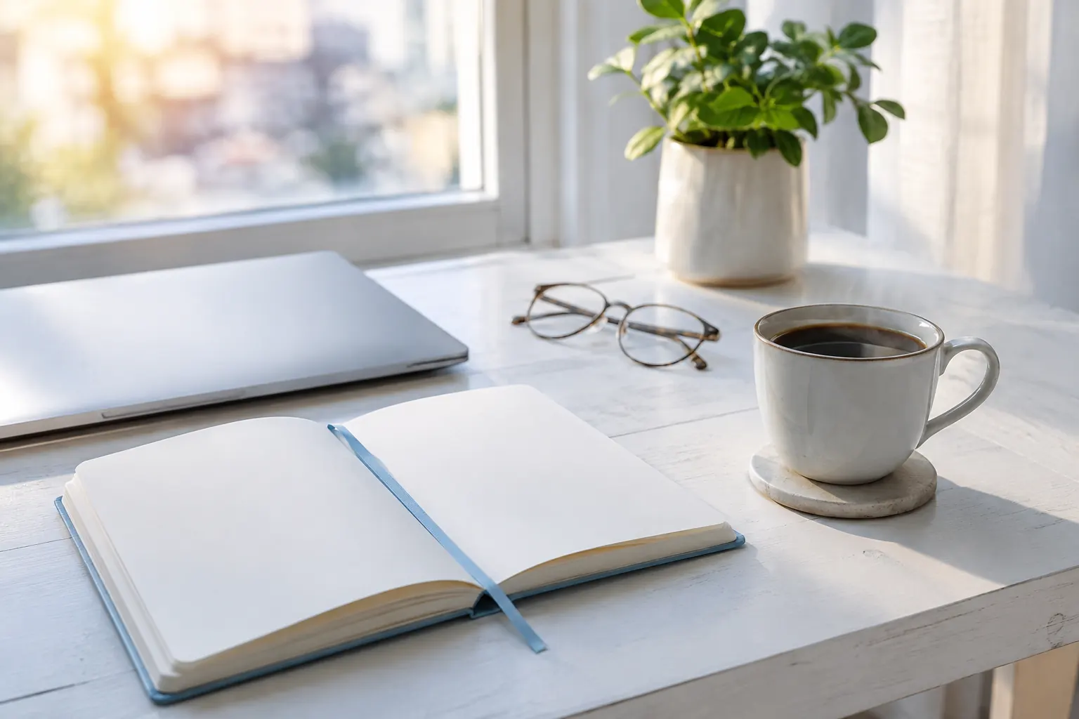 Carnet ouvert, café fumant et ordinateur fermé, routine matinale de veille SEO