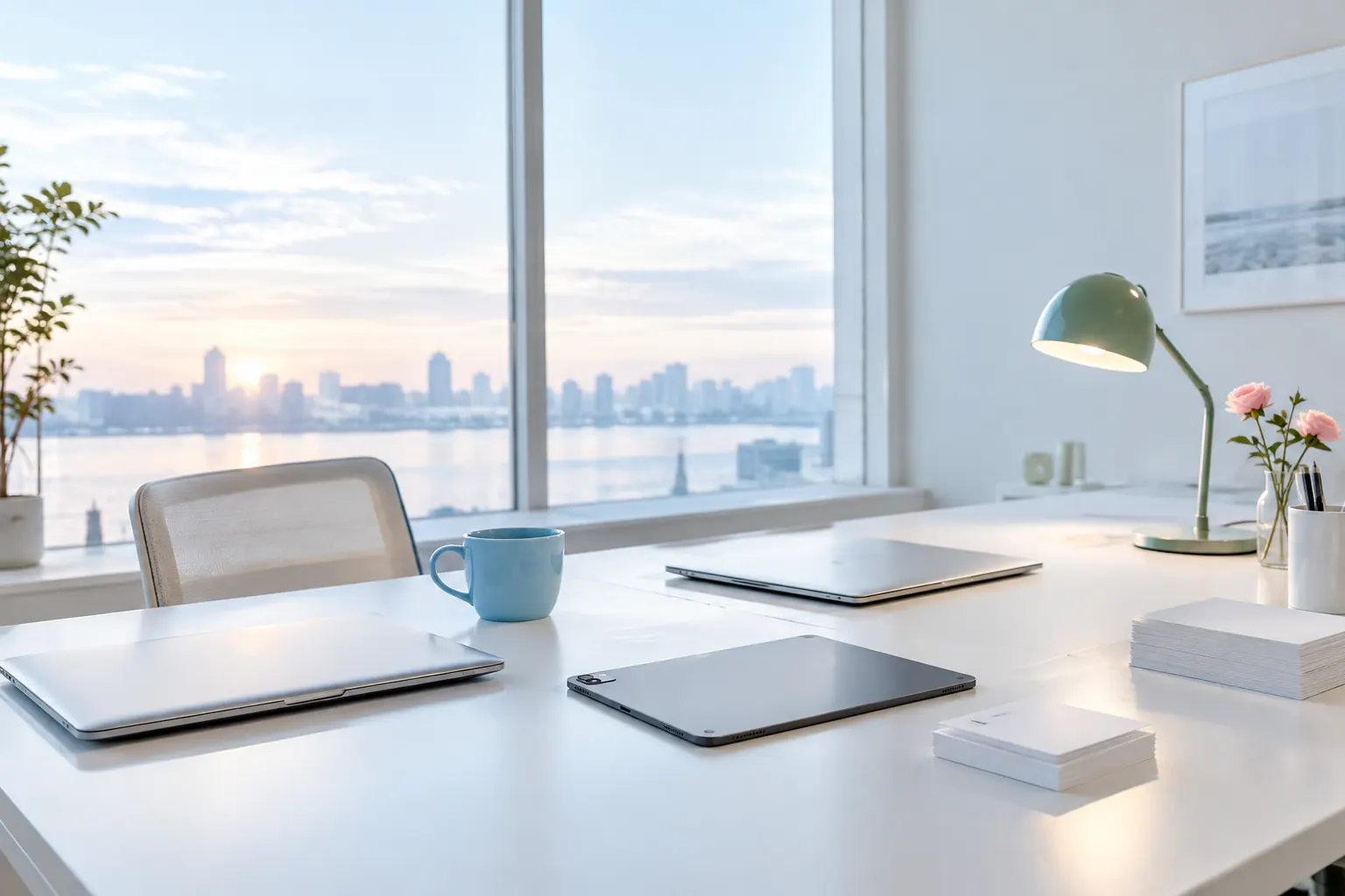 Poste de veille lumineux au petit matin, ordinateurs fermés et fiches vierges sur table blanche