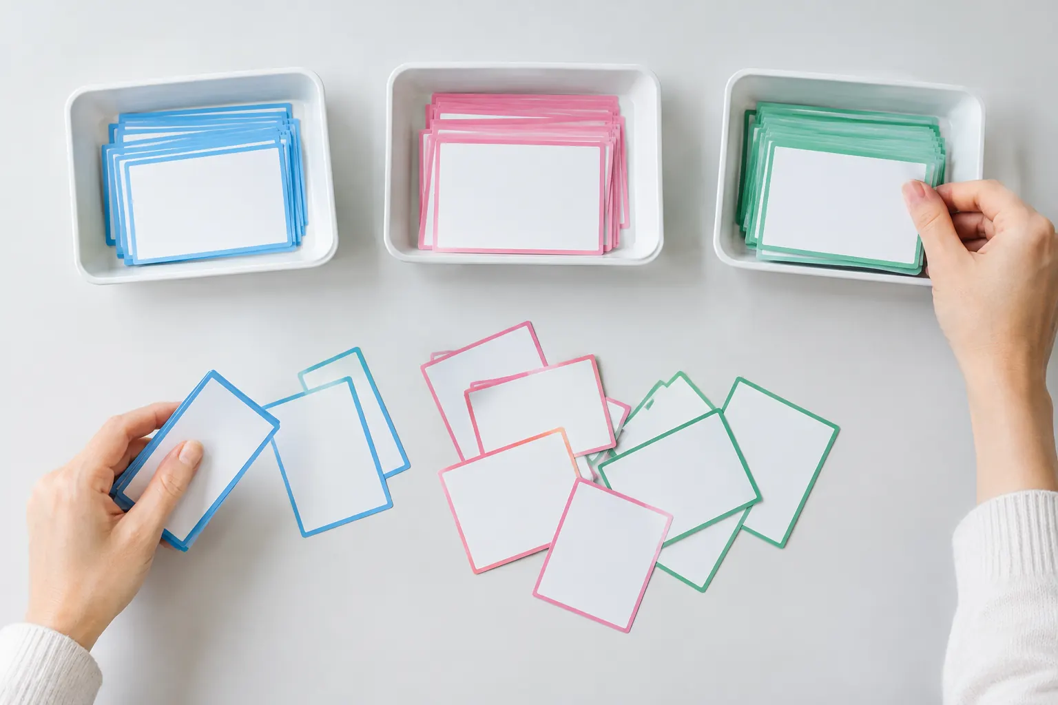 Mains triant des cartes colorées dans trois bacs, pour illustrer la différence entre core update et spam update